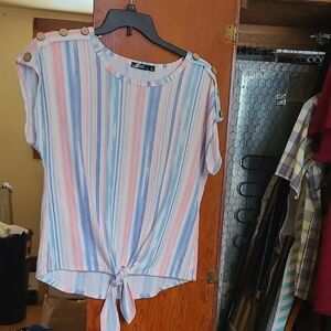 Cure Striped Button-Shoulder Tie-Front Top Womans size Large